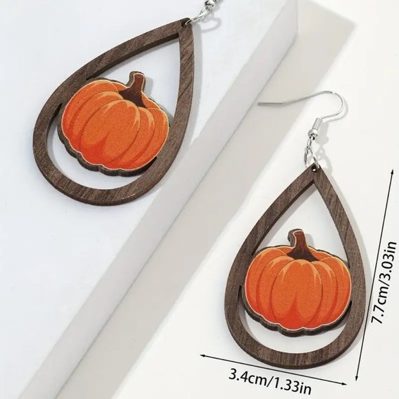 Pumpkin Fall Earrings Wood Dangle Boho Hippie Halloween Thanksgiving Harvest - Picture 2 of 2